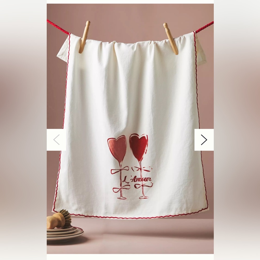NWT Anthropologie Valentines Wine Glass Cotton Twill Tea Towel